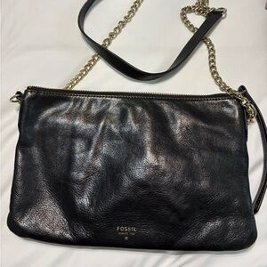 Black Fossil Leather Chain Strap Bag